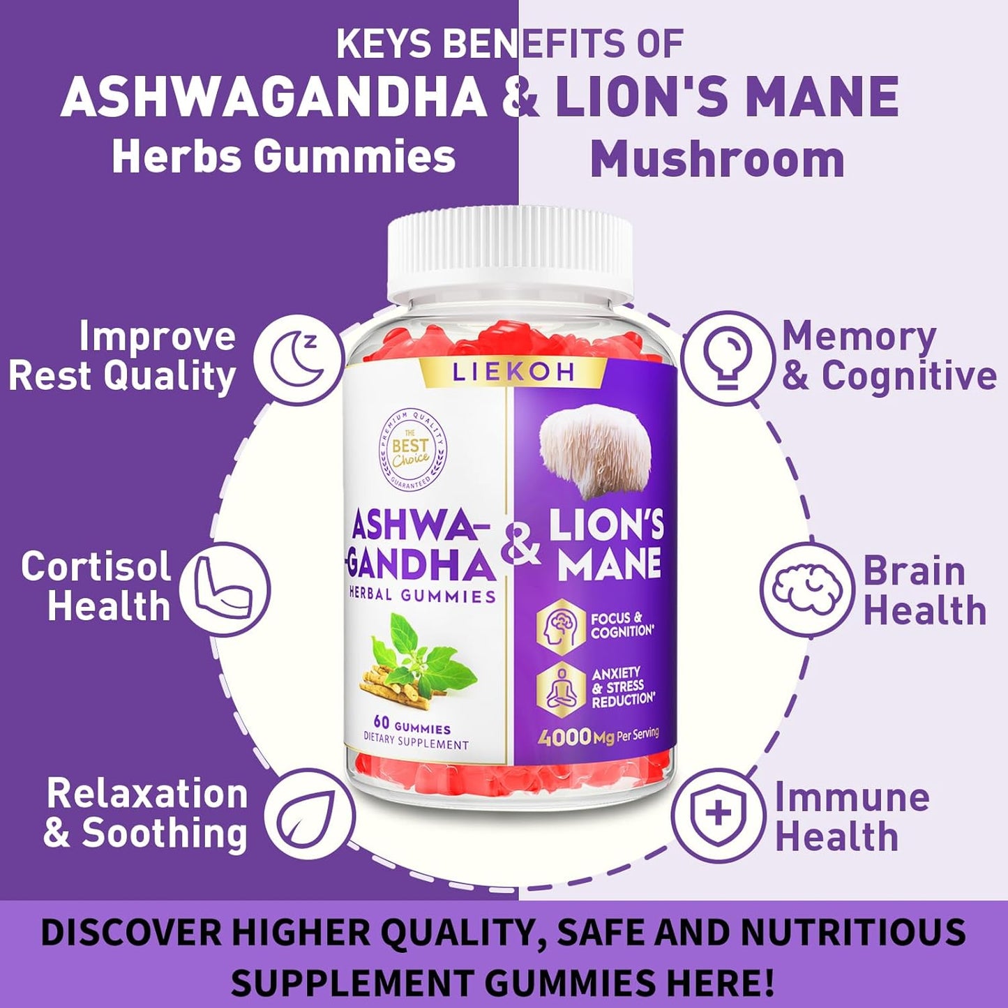 Organic Ashwagandha & Lion's Mane Gummies for Adults - Berry Flavor, Cognitive & Immune Support - 180 Mushroom Gummies