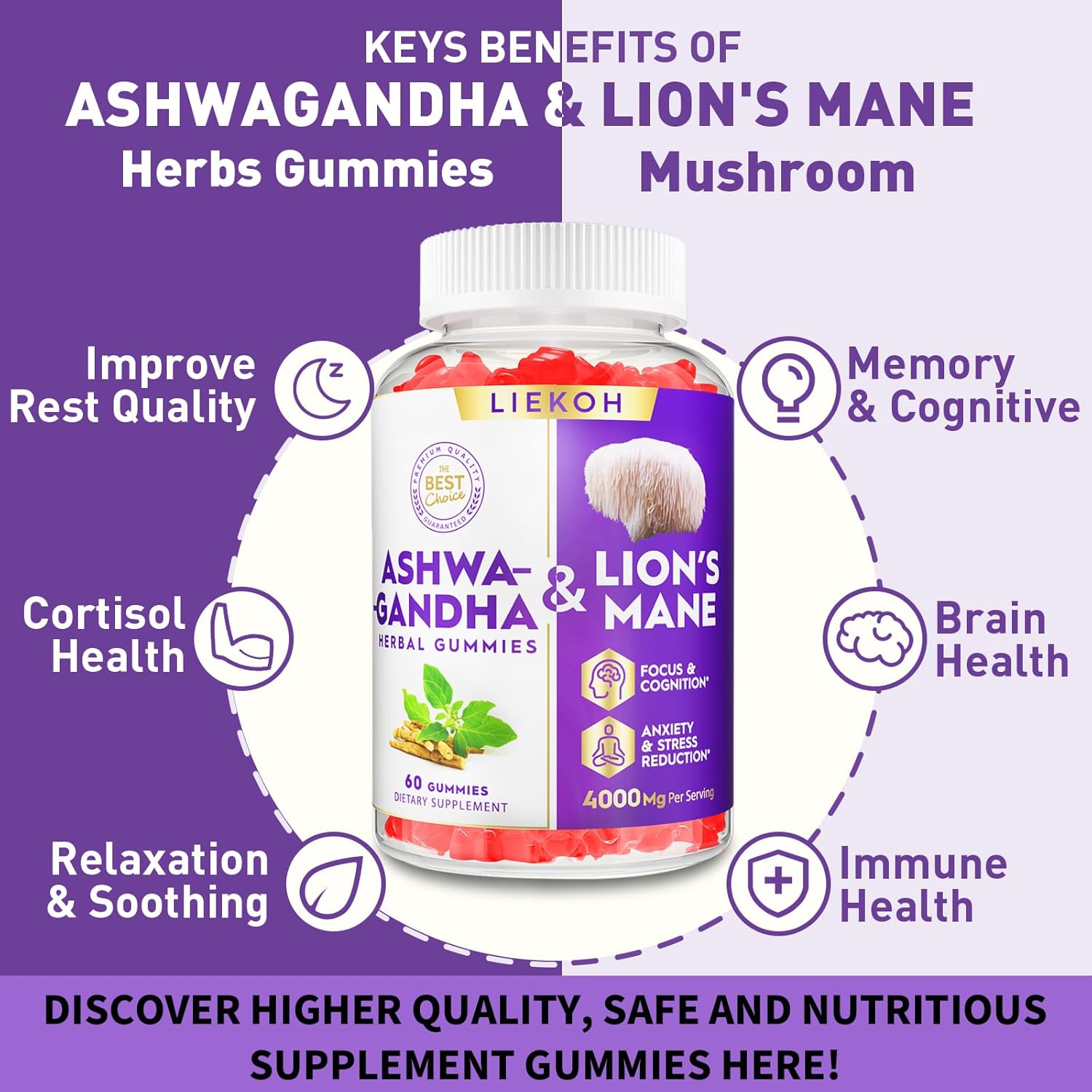Organic Ashwagandha & Lion's Mane Gummies for Adults - Berry Flavor, Cognitive & Immune Support - 180 Mushroom Gummies