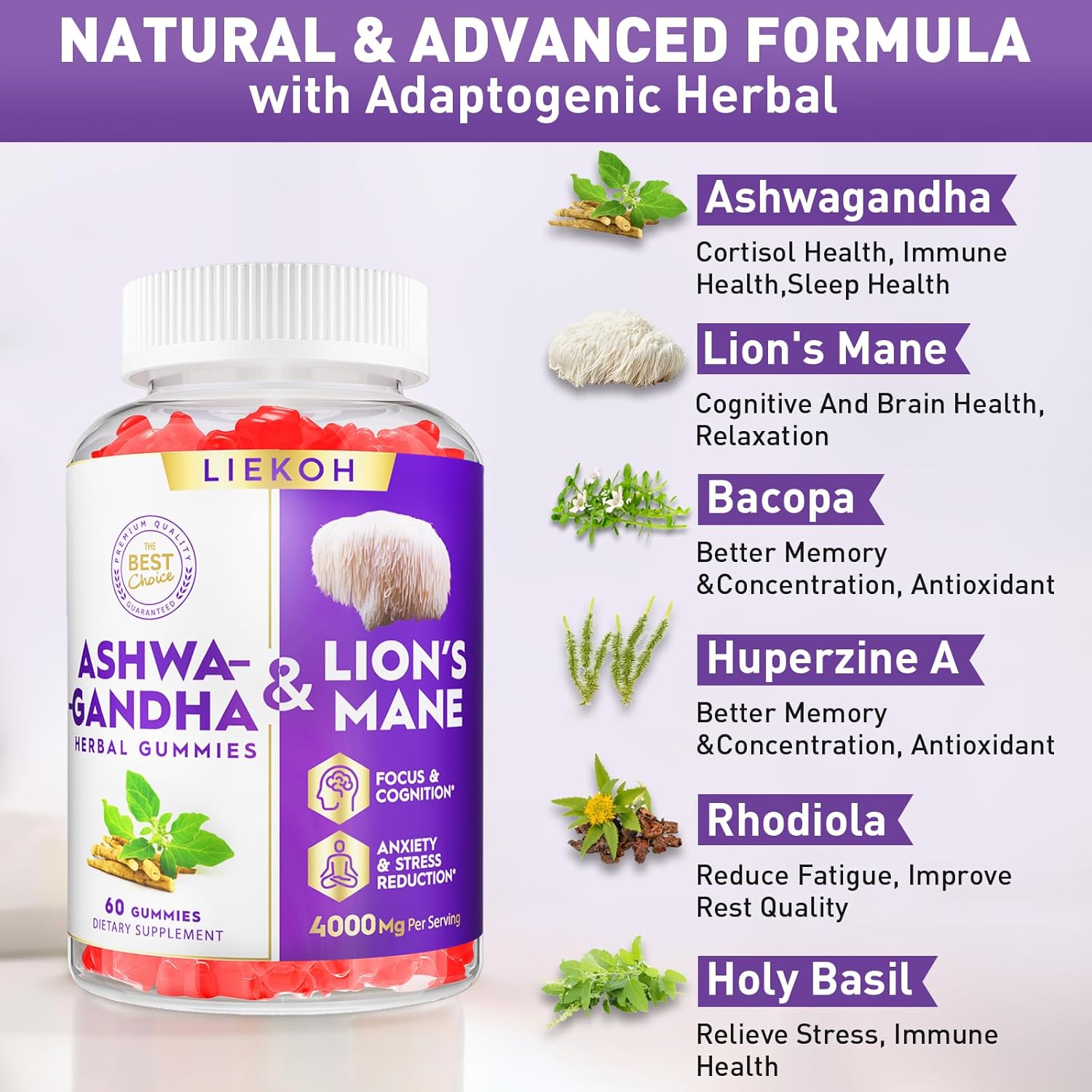 Organic Ashwagandha & Lion's Mane Gummies for Adults - Berry Flavor, Cognitive & Immune Support - 180 Mushroom Gummies