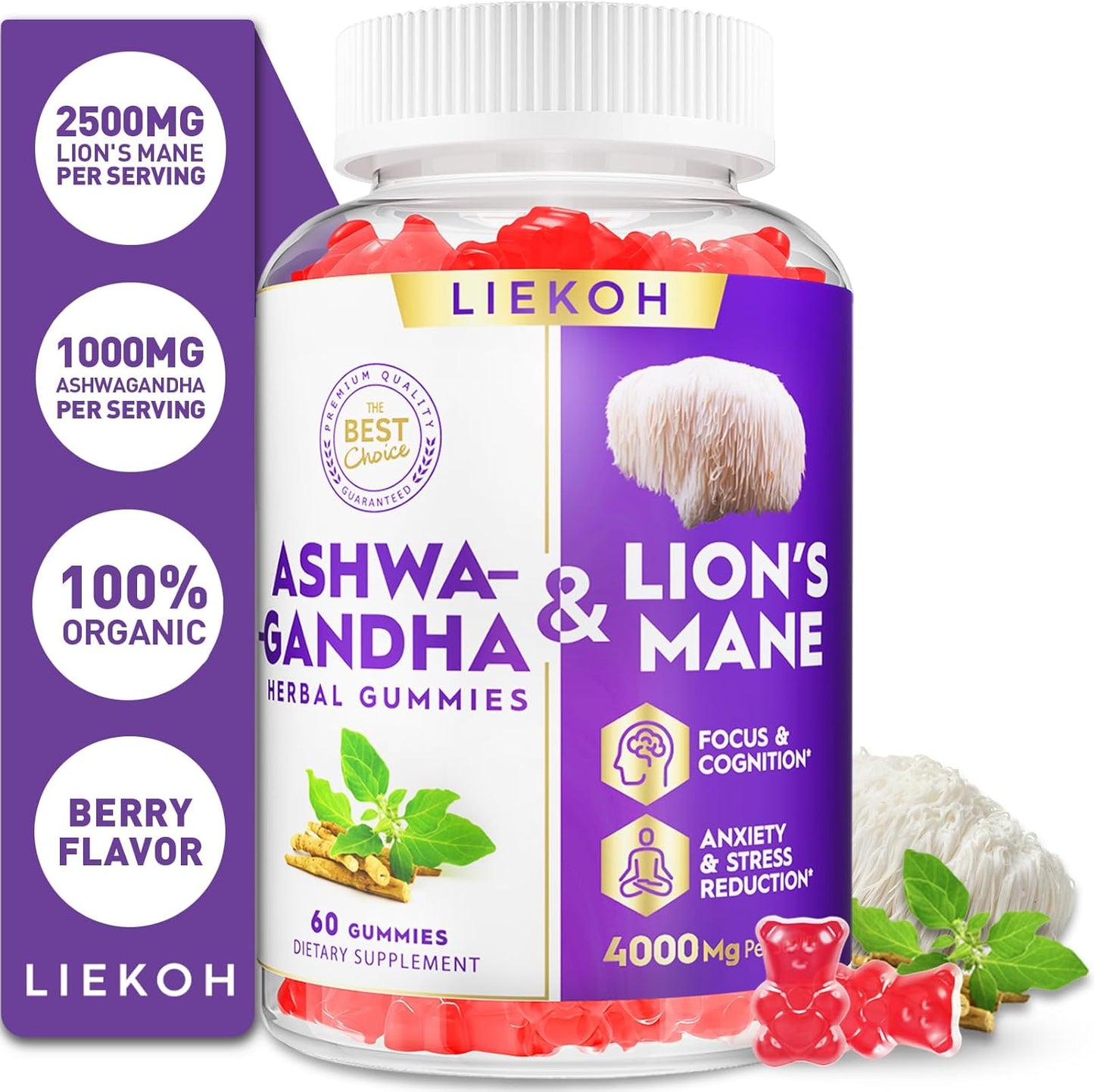 Organic Ashwagandha & Lion's Mane Gummies for Adults - Berry Flavor, Cognitive & Immune Support - 180 Mushroom Gummies