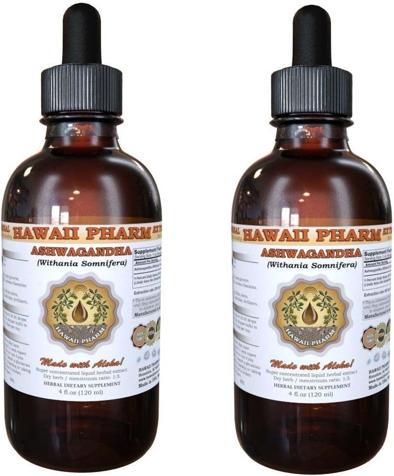 Organic Ashwagandha Liquid Extract - 2x4 oz Tincture Supplement from Hawaii Pharm