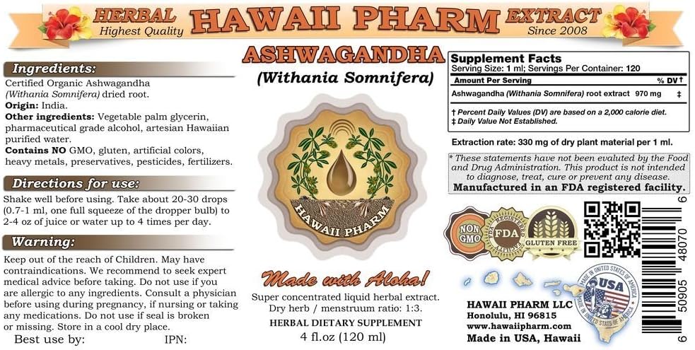 Organic Ashwagandha Liquid Extract - 2x4 oz Tincture Supplement from Hawaii Pharm