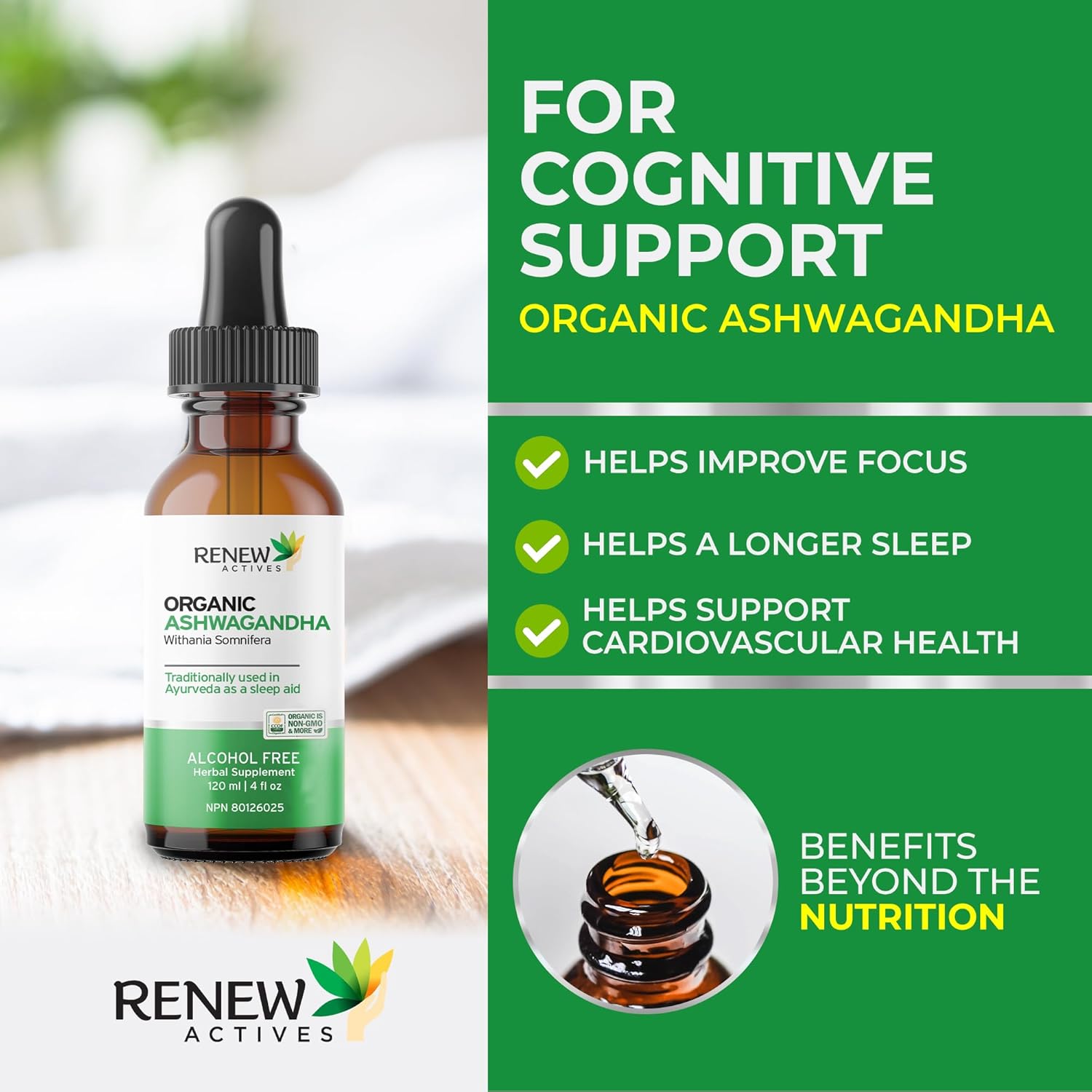 Organic Ashwagandha Liquid Supplement for Cognitive Function, Energy, Stress Reduction, Immune Health, and Mental Clarity - 120 ml