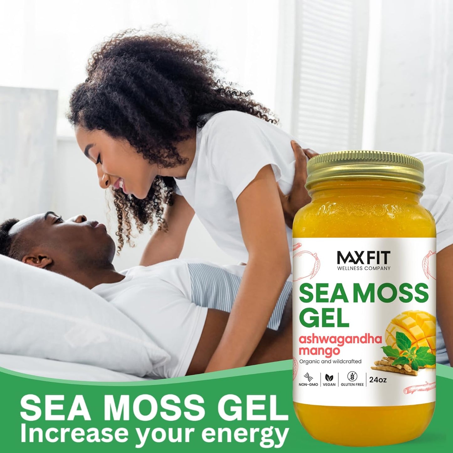 Organic Ashwagandha Mango Sea Moss Gel - 24oz | 25 Flavors | Saint Lucia Wildcrafted Gold Sea Moss - 92 Vitamins & Minerals | Raw & Non-GMO