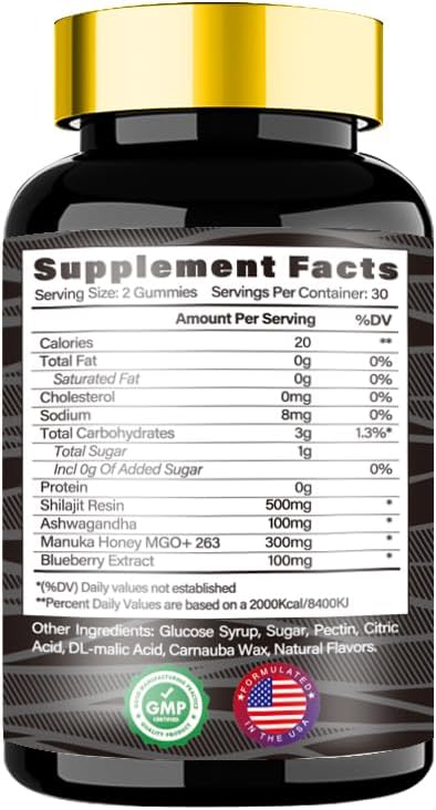 Organic Ashwagandha Manuka Honey Gummies with Shilajit - High Potency 3 in 1 Supplement for Men & Women - 85+ Trace Minerals - Blueberry Flavor - 60 Gummies