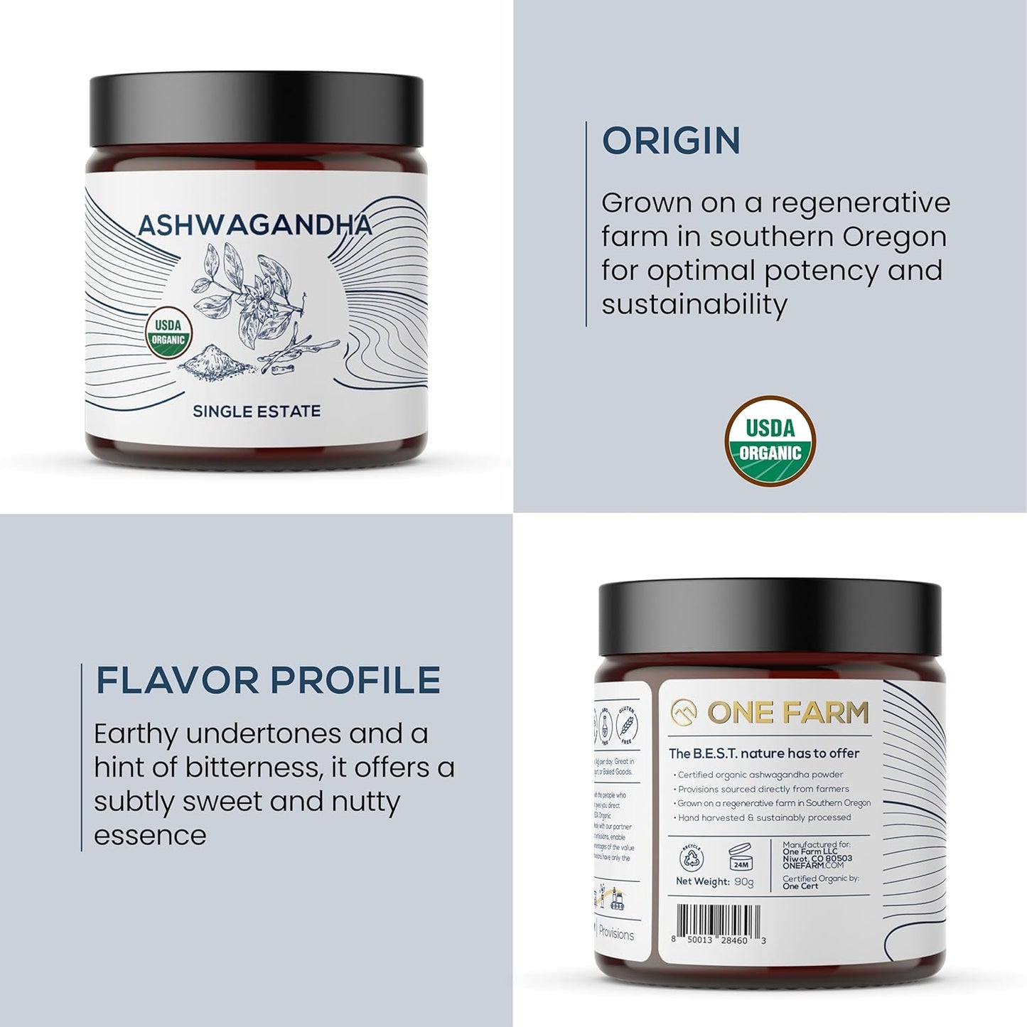 Organic Ashwagandha Powder from One Farm by WAAYB, Non-GMO, Fair-Trade, Vegan, Gluten-Free, Grown in Oregon, Adaptogenic Ayurvedic Herbal Supplement