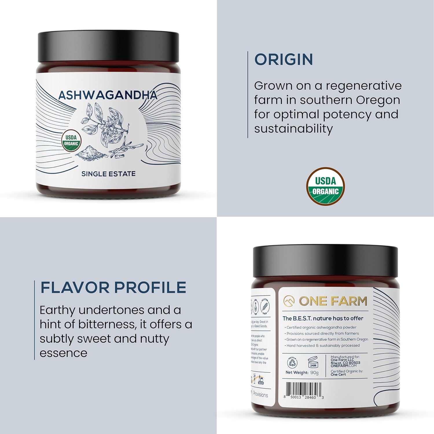 Organic Ashwagandha Powder from One Farm by WAAYB, Non-GMO, Fair-Trade, Vegan, Gluten-Free, Grown in Oregon, Adaptogenic Ayurvedic Herbal Supplement