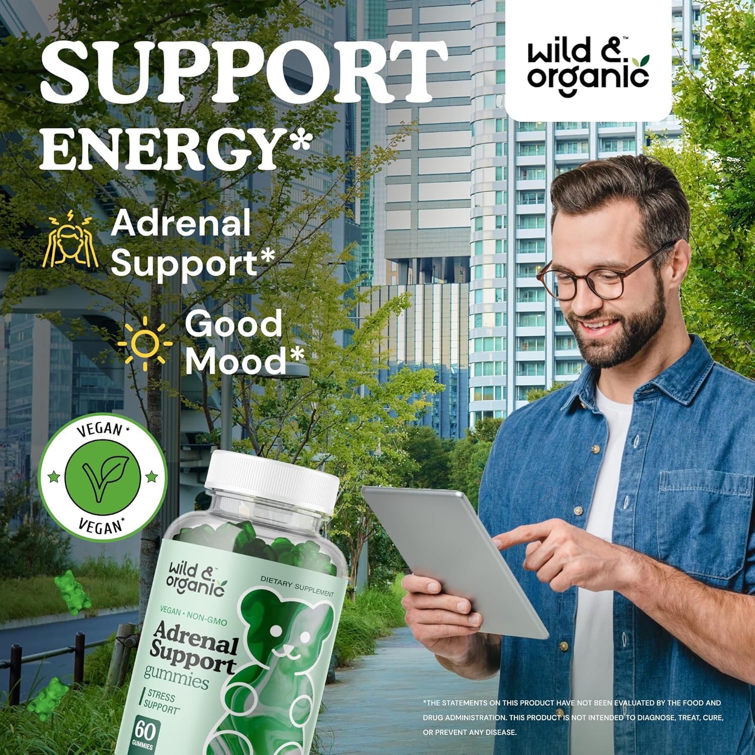 Organic Ashwagandha & Rhodiola Adrenal Support Gummies - Natural Supplements for Men and Women - 60 Pectin-Based Chews