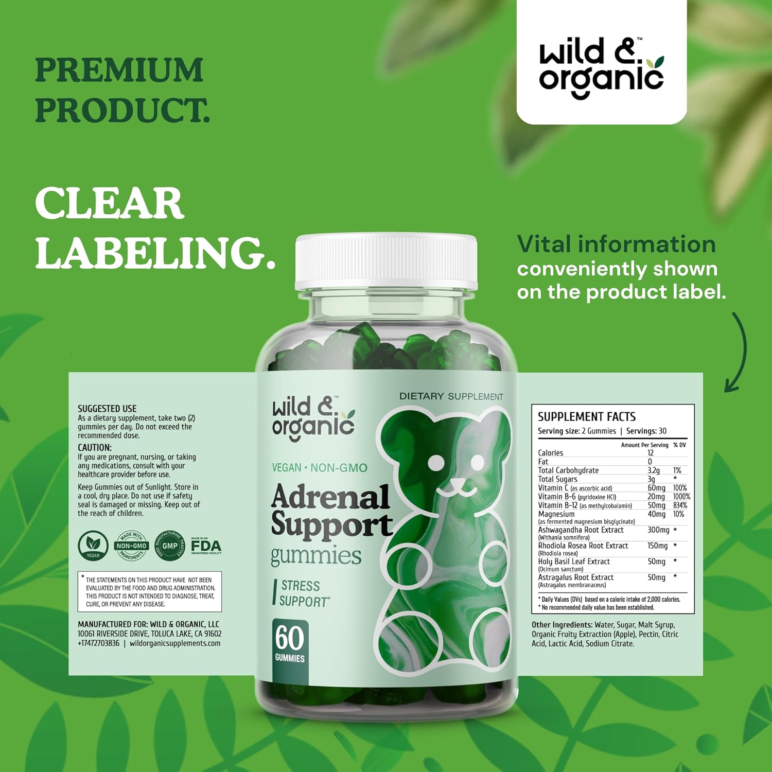 Organic Ashwagandha & Rhodiola Adrenal Support Gummies - Natural Supplements for Men and Women - 60 Pectin-Based Chews