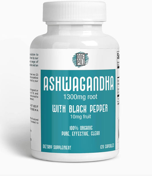 Organic Ashwagandha Root 1300mg with Black Pepper - Stress & Mood Support Supplement (120 Capsules)