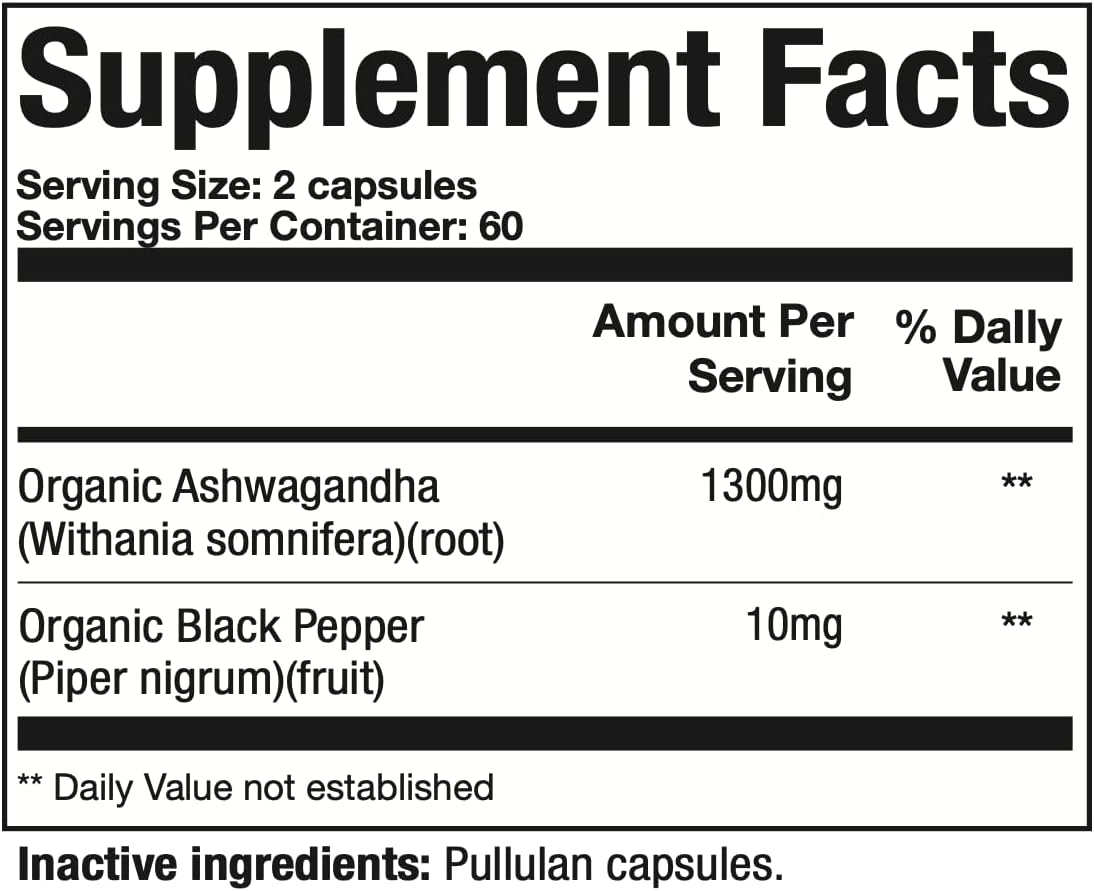Organic Ashwagandha Root 1300mg with Black Pepper - Stress & Mood Support Supplement (120 Capsules)