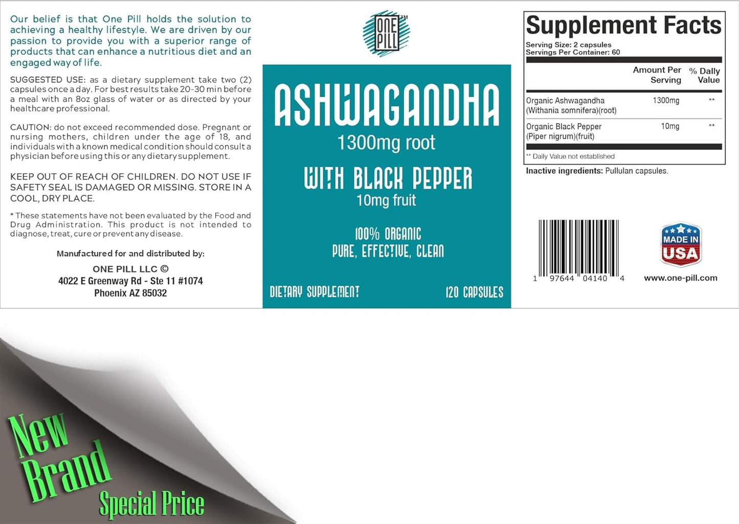 Organic Ashwagandha Root 1300mg with Black Pepper - Stress & Mood Support Supplement (120 Capsules)