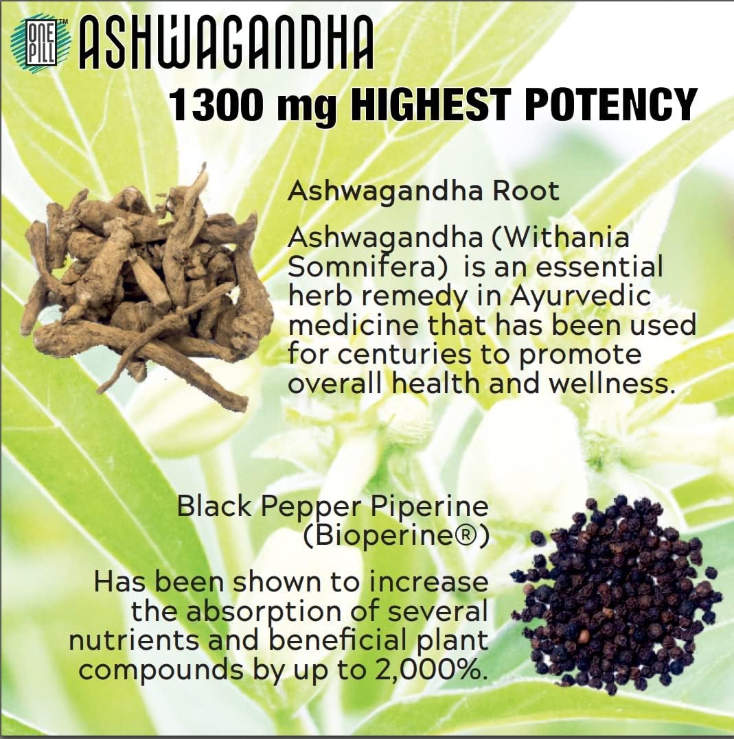 Organic Ashwagandha Root 1300mg with Black Pepper - Stress & Mood Support Supplement (120 Capsules)