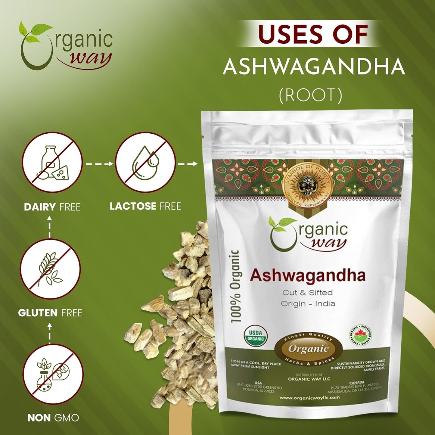 Organic Ashwagandha Root Cut & Sifted - USDA Certified, Vegan, Non GMO, Gluten Free - 1/2lbs (8oz) - From India