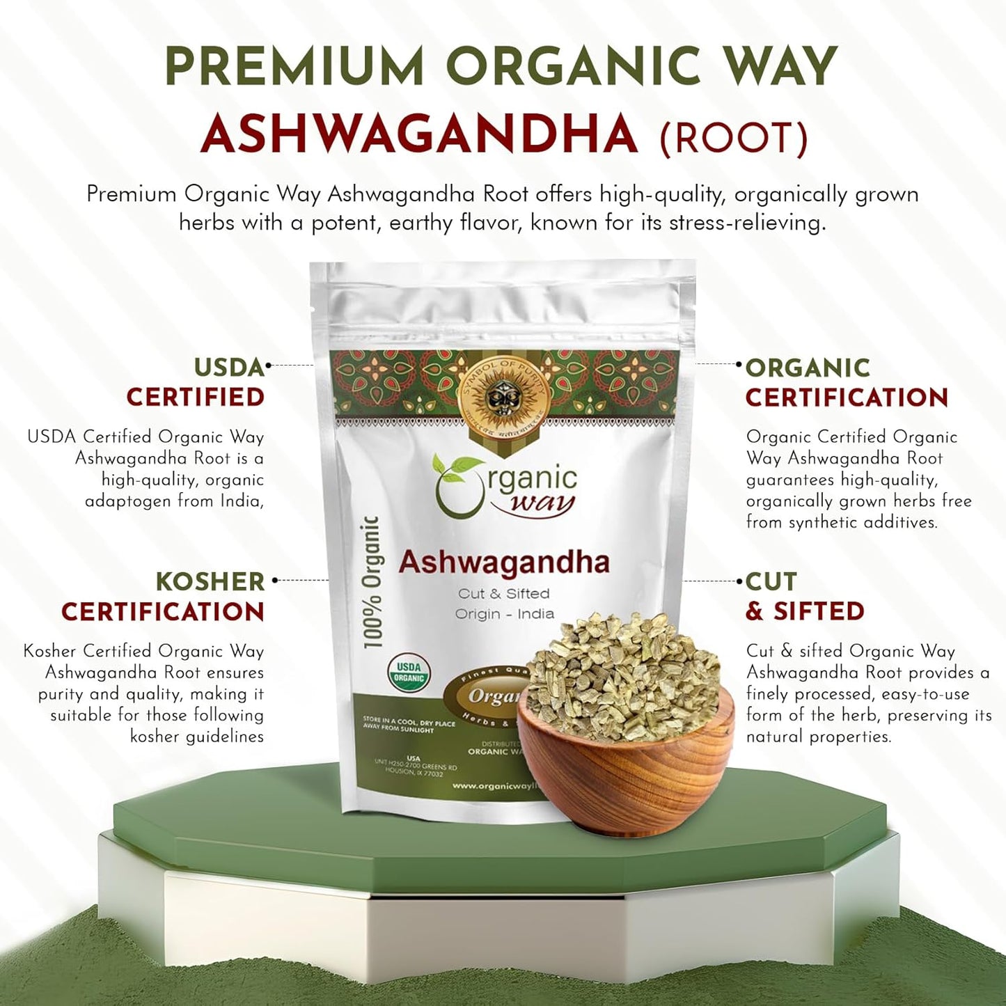 Organic Ashwagandha Root Cut & Sifted - USDA Certified, Vegan, Non GMO, Gluten Free - 1/2lbs (8oz) - From India