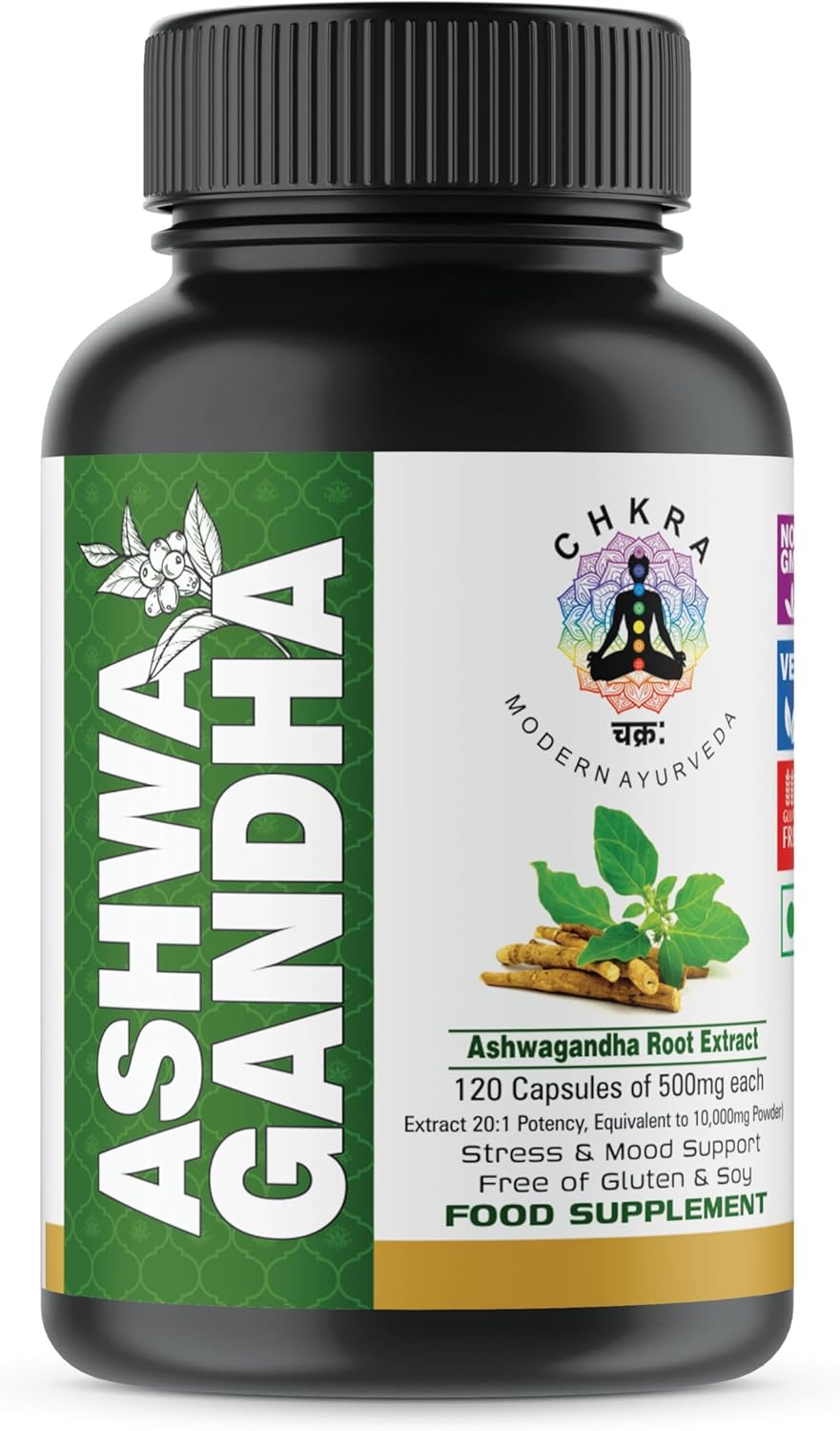 Organic Ashwagandha Root Extract Capsules - 10,000mg Equivalent - 120 Vegan Capsules - Stress Relief and Mood Enhancer - 4 Month Supply