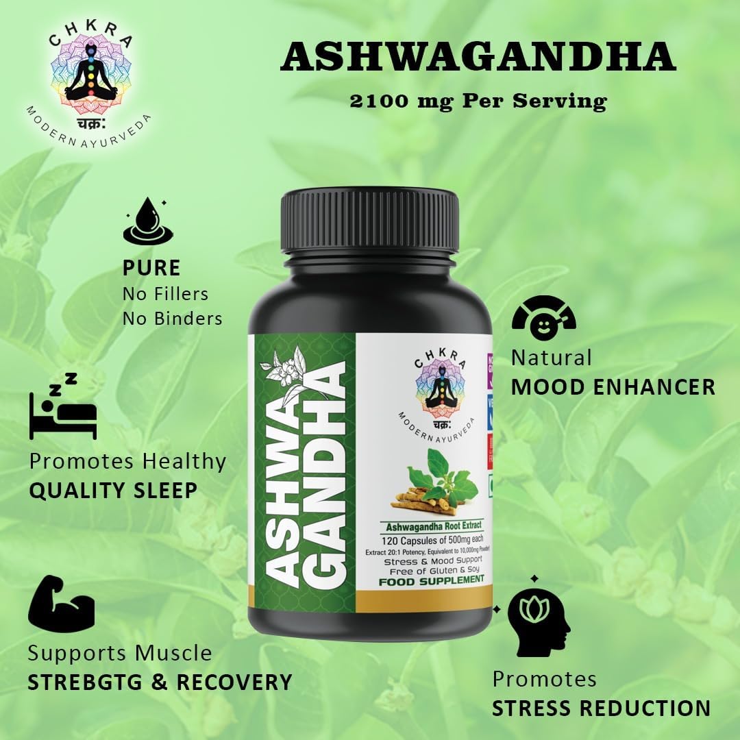 Organic Ashwagandha Root Extract Capsules - 10,000mg Equivalent - 120 Vegan Capsules - Stress Relief and Mood Enhancer - 4 Month Supply
