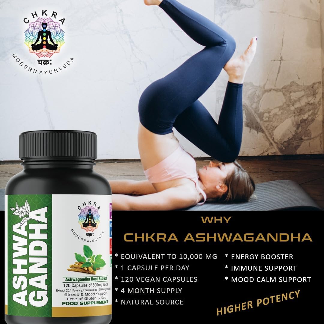 Organic Ashwagandha Root Extract Capsules - 10,000mg Equivalent - 120 Vegan Capsules - Stress Relief and Mood Enhancer - 4 Month Supply