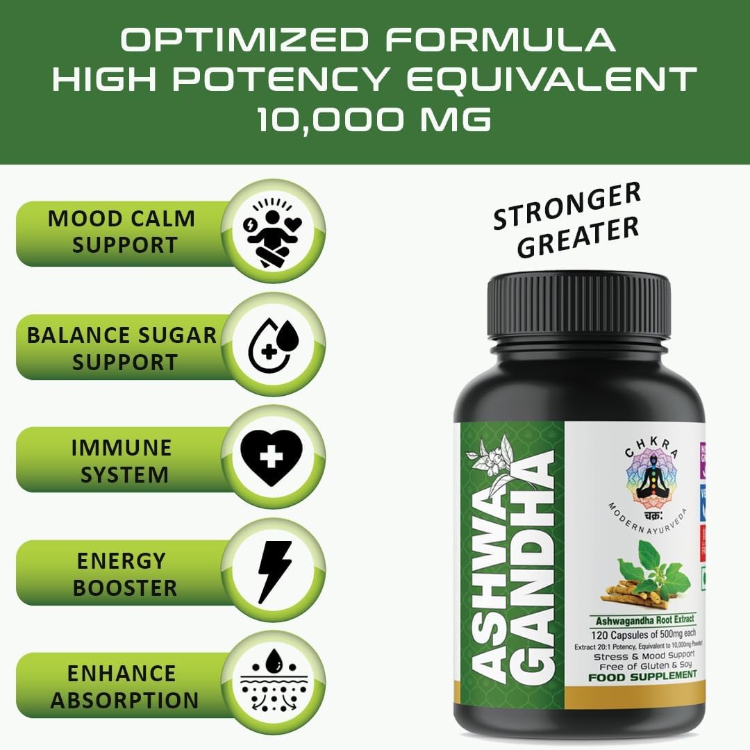 Organic Ashwagandha Root Extract Capsules - 10,000mg Equivalent - 120 Vegan Capsules - Stress Relief and Mood Enhancer - 4 Month Supply