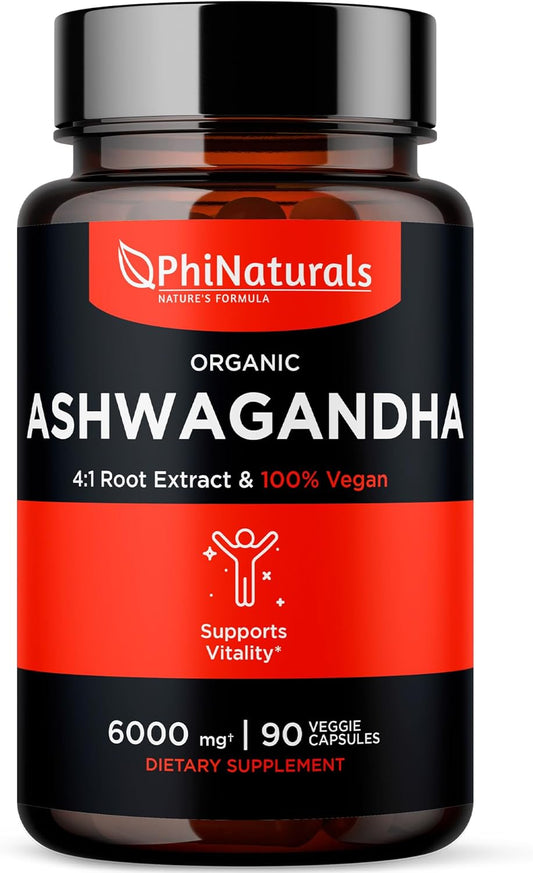 Organic Ashwagandha Root Extract Capsules - 6000mg Equivalent, 1500mg per Serving - Vegan Supplement for Men and Women - 30 Servings, 90 Count