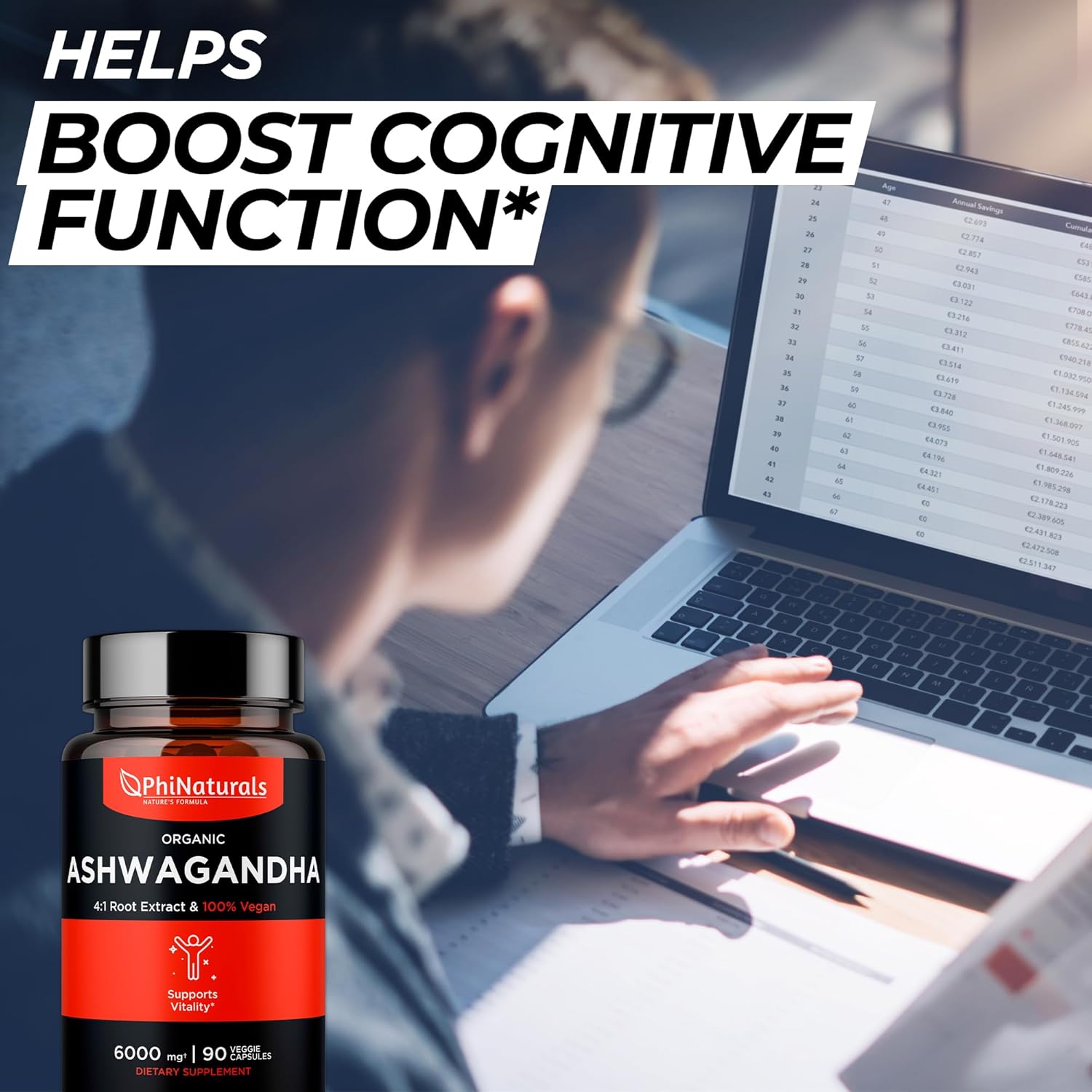 Organic Ashwagandha Root Extract Capsules - 6000mg Equivalent - Men and Women Supplement - 1500mg per Serving - 30 Servings - 90 Vegan Capsules