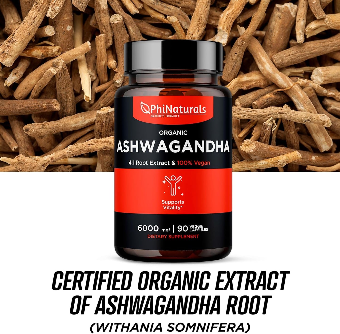 Organic Ashwagandha Root Extract Capsules - 6000mg Equivalent - Men and Women Supplement - 1500mg per Serving - 30 Servings - 90 Vegan Capsules