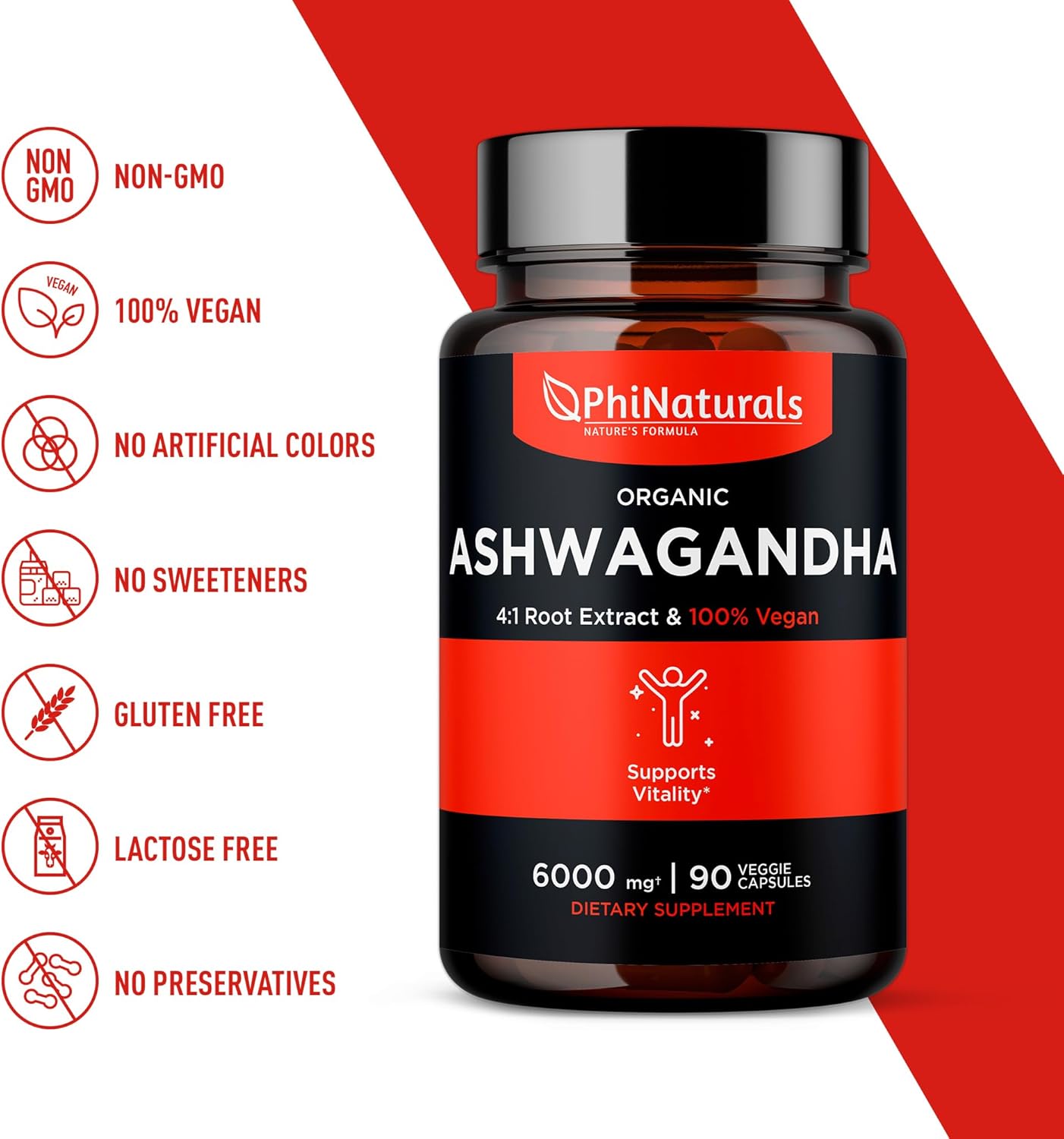 Organic Ashwagandha Root Extract Capsules - 6000mg Equivalent - Men and Women Supplement - 1500mg per Serving - 30 Servings - 90 Vegan Capsules