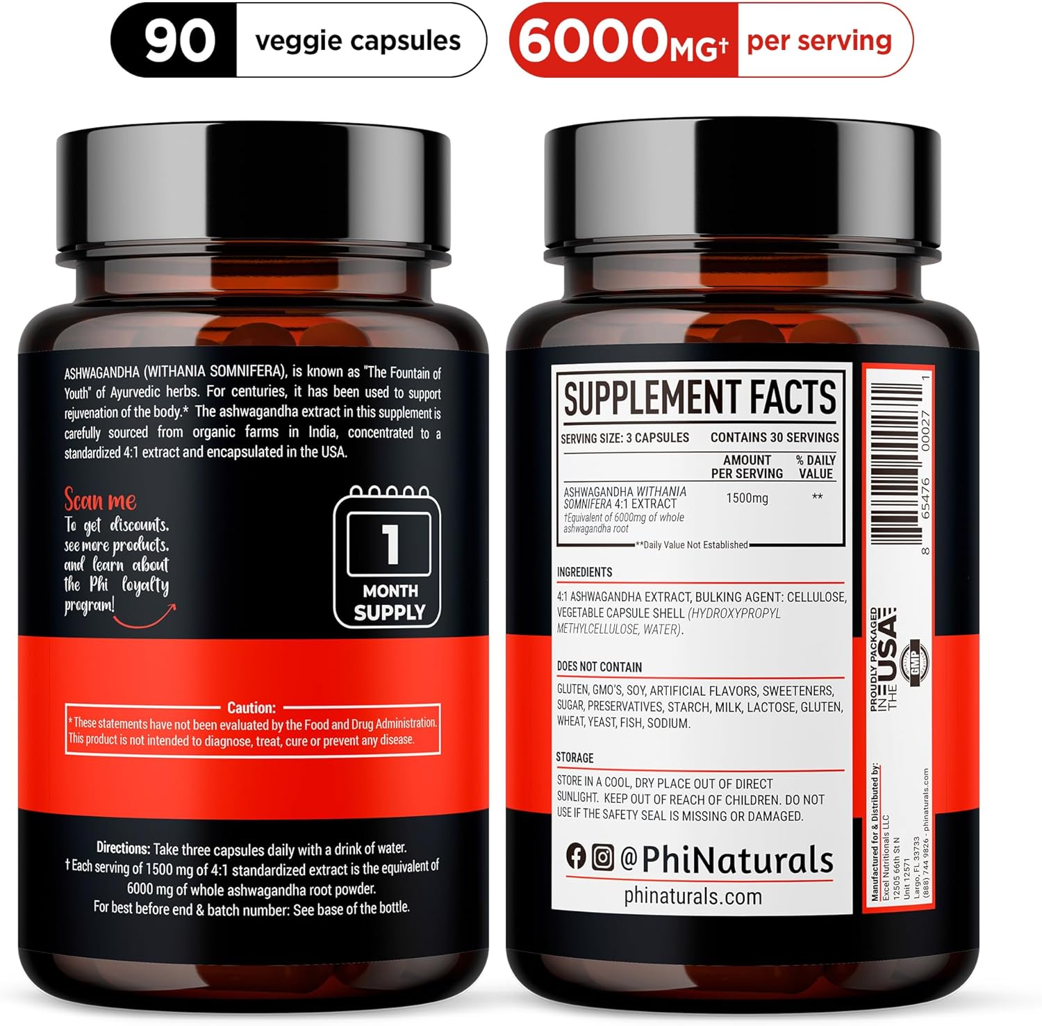 Organic Ashwagandha Root Extract Capsules - 6000mg Equivalent - Men and Women Supplement - 1500mg per Serving - 30 Servings - 90 Vegan Capsules