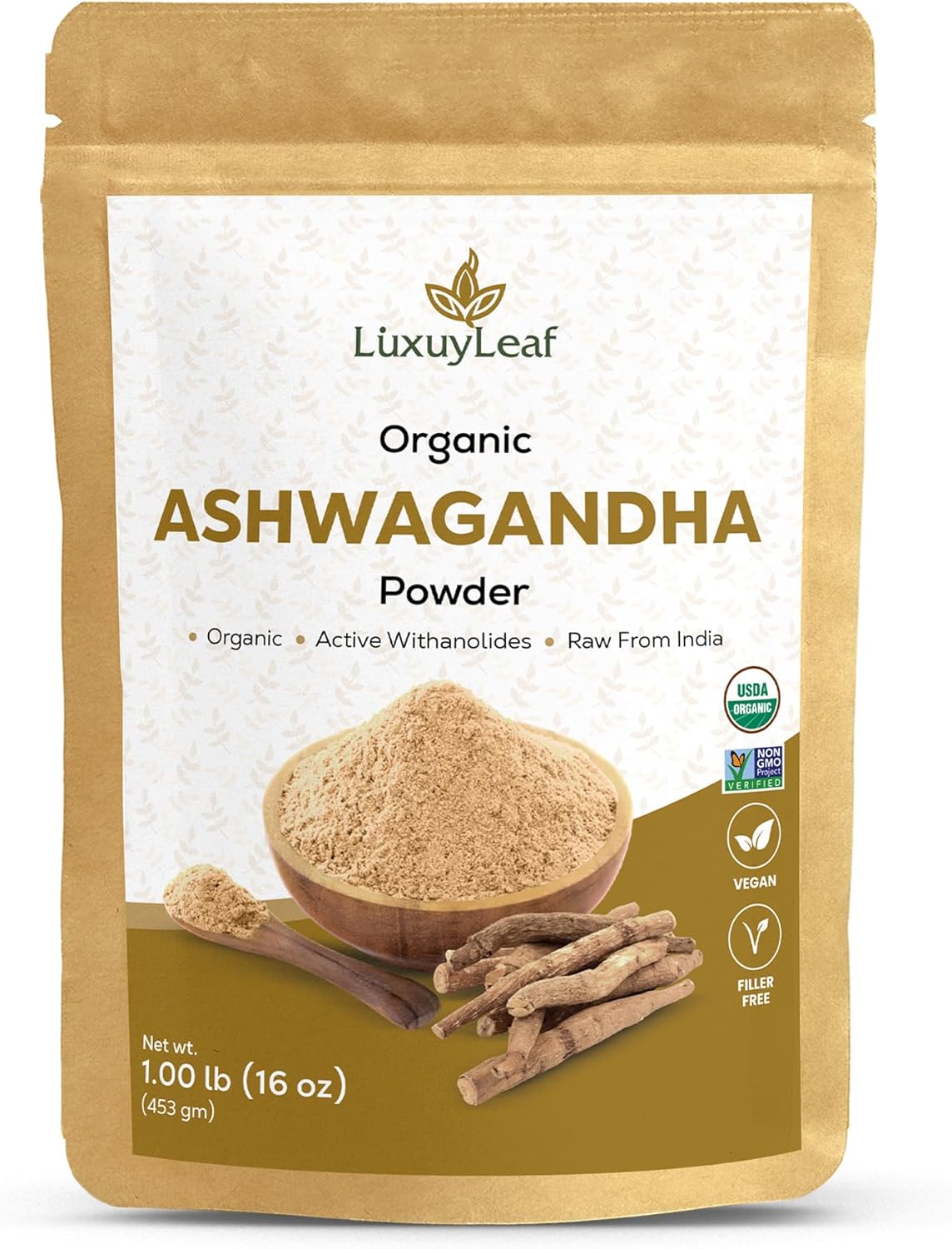 Organic Ashwagandha Root Powder - Non-GMO, Vegan-Friendly LuxuryLeaf Supplement