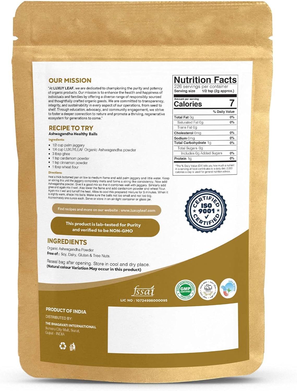 Organic Ashwagandha Root Powder - Non-GMO, Vegan-Friendly LuxuryLeaf Supplement