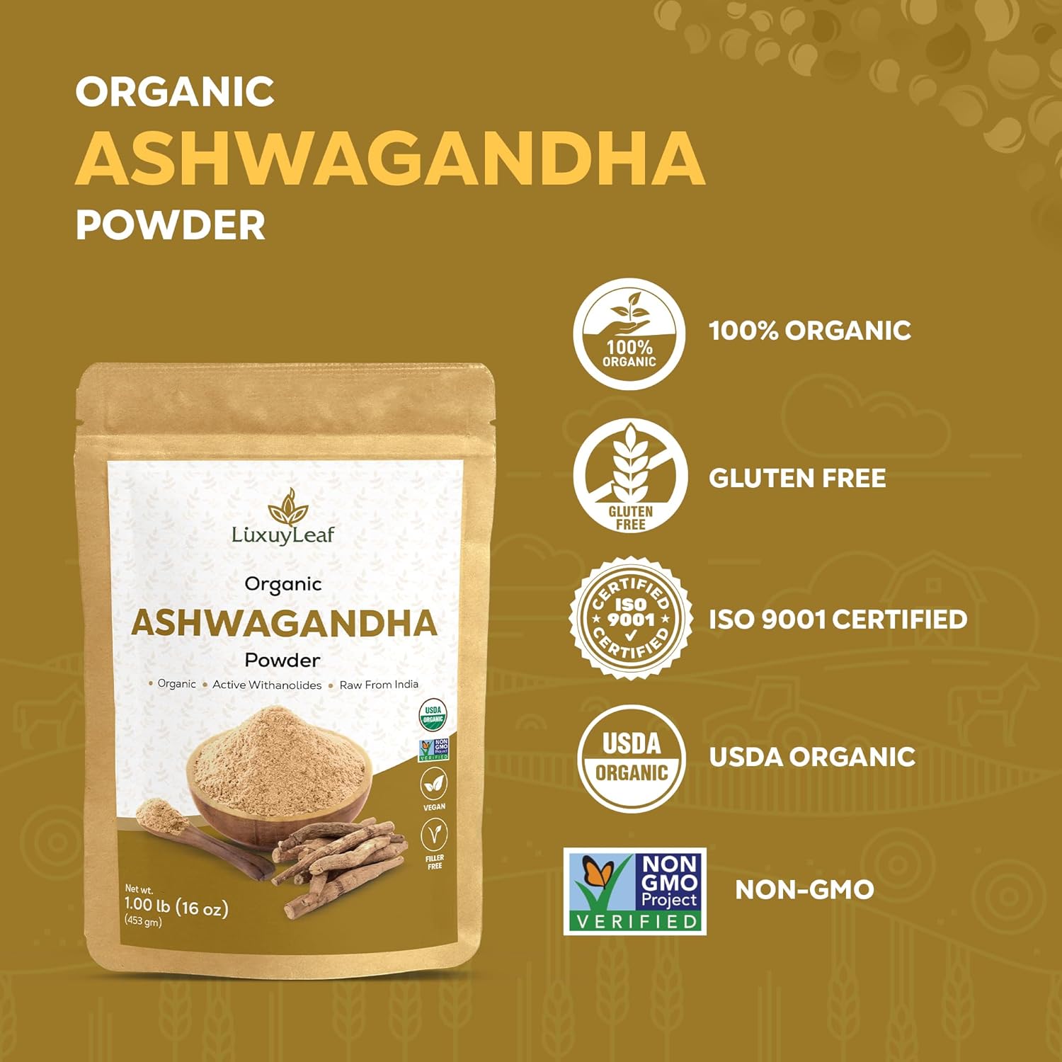 Organic Ashwagandha Root Powder - Non-GMO, Vegan-Friendly LuxuryLeaf Supplement