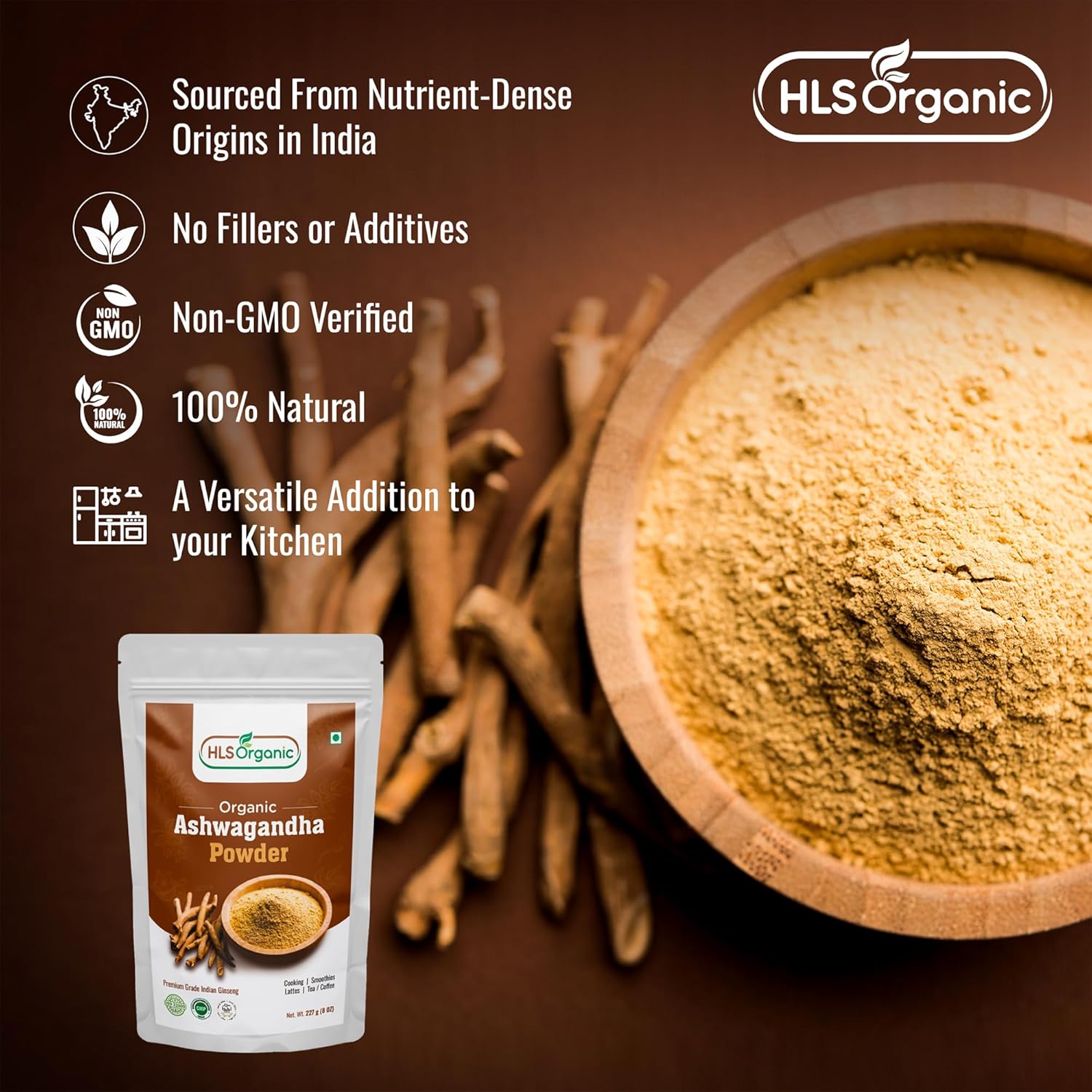 Organic Ashwagandha Root Powder - Premium Grade, Pure & Raw from India - 8oz - Non-GMO & Vegan - 3.5 Month Supply