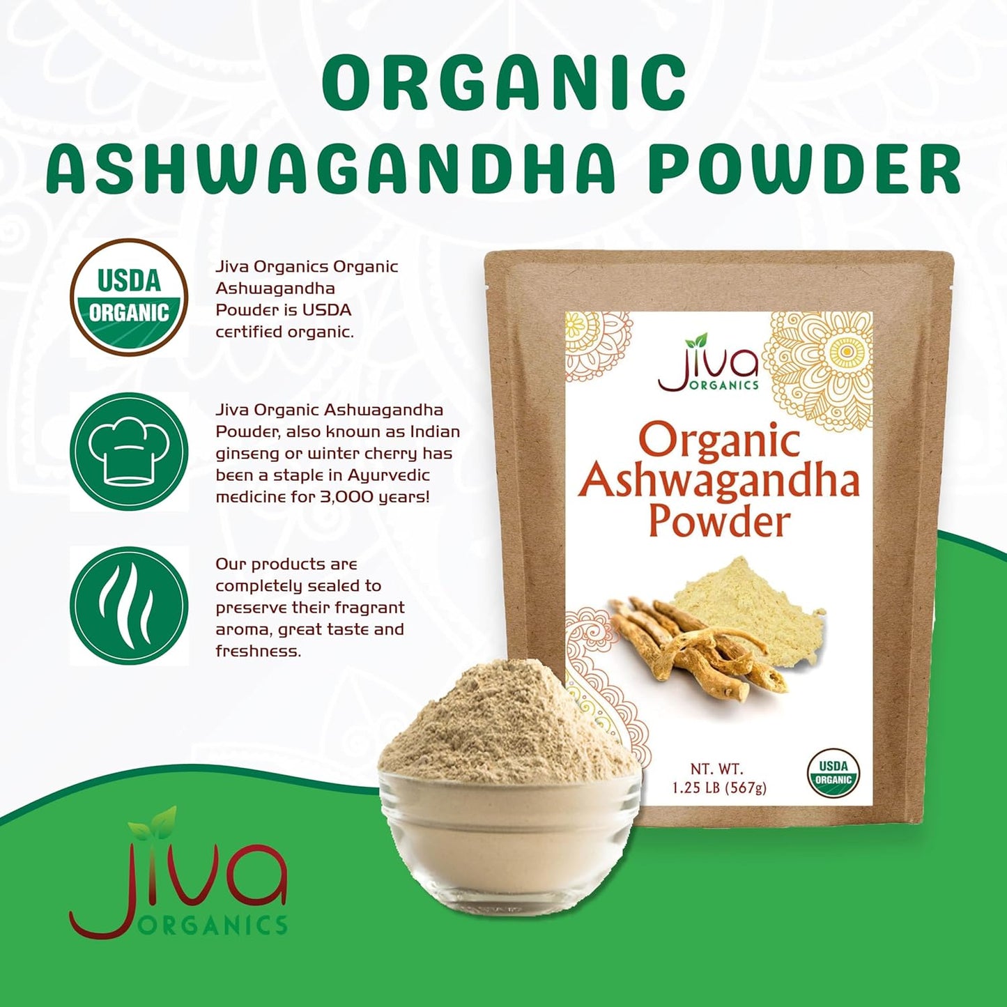 Organic Ashwagandha Root Powder 1.25lb (20oz) - Raw, Pure, Non-GMO, Lab Tested by Jiva Organics