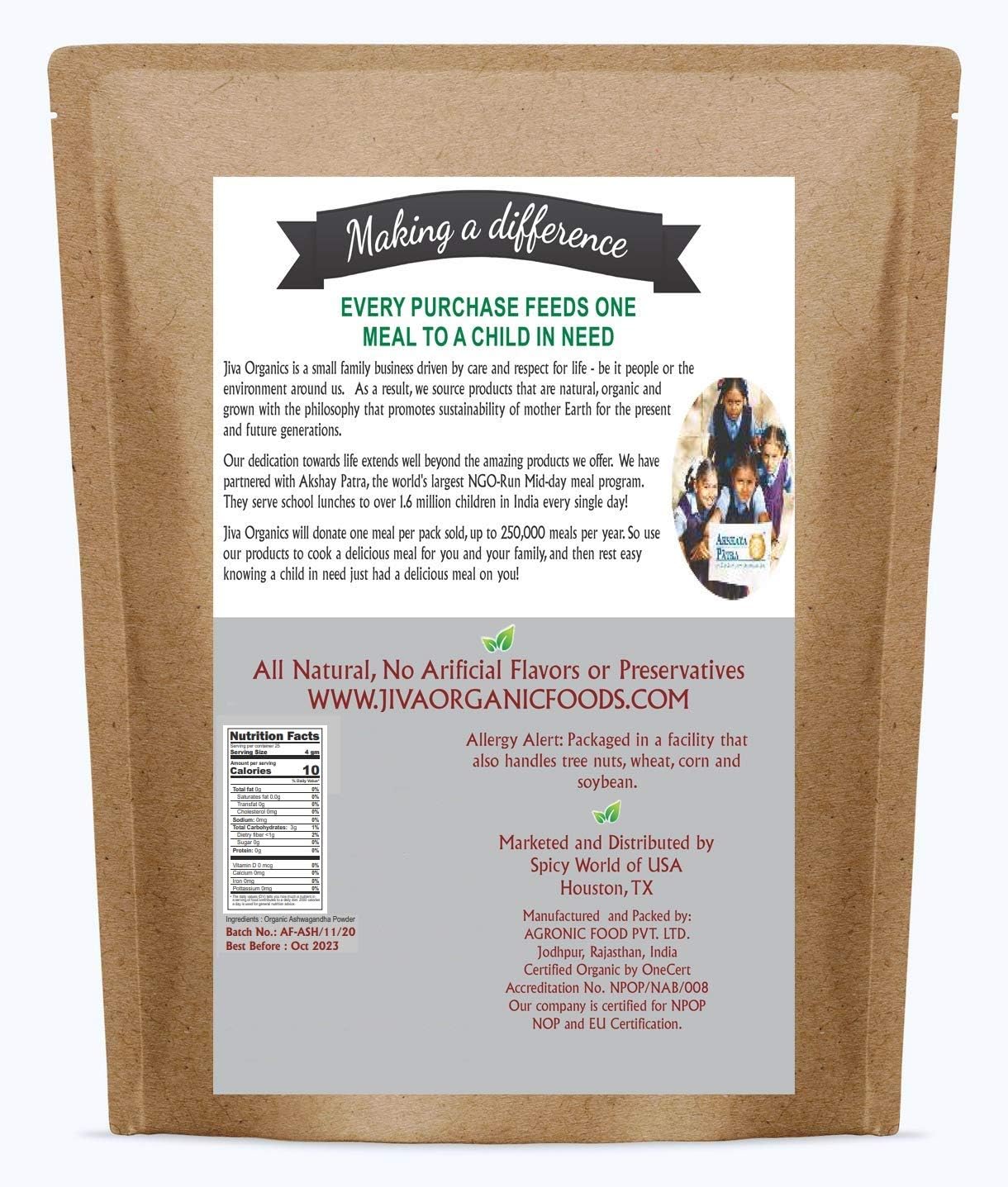 Organic Ashwagandha Root Powder 1.25lb (20oz) - Raw, Pure, Non-GMO, Lab Tested by Jiva Organics
