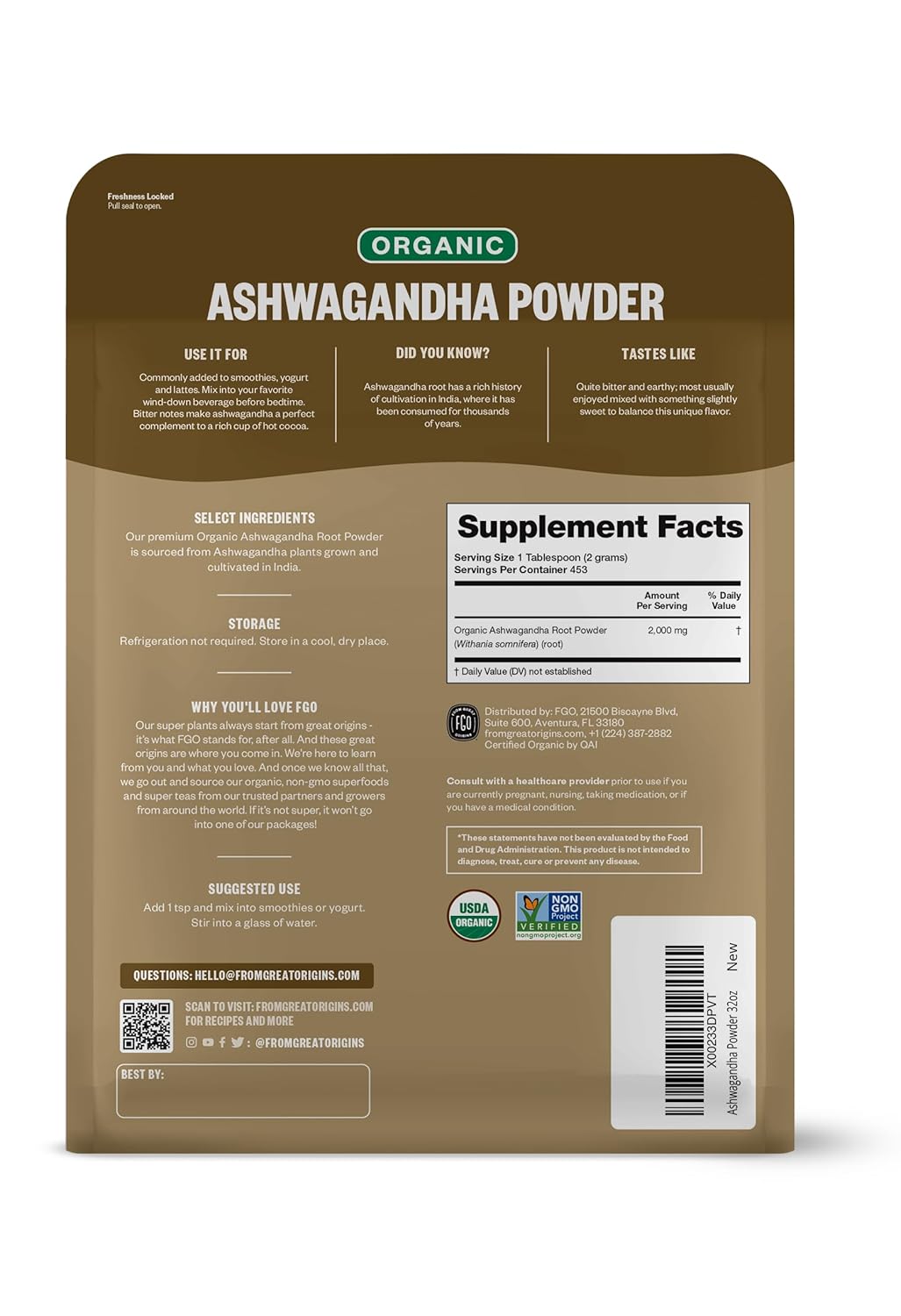 Organic Ashwagandha Root Powder 32oz Bag - Non-GMO Indian Ginseng Withania Somnifera - Sourced from India - 1 Pack