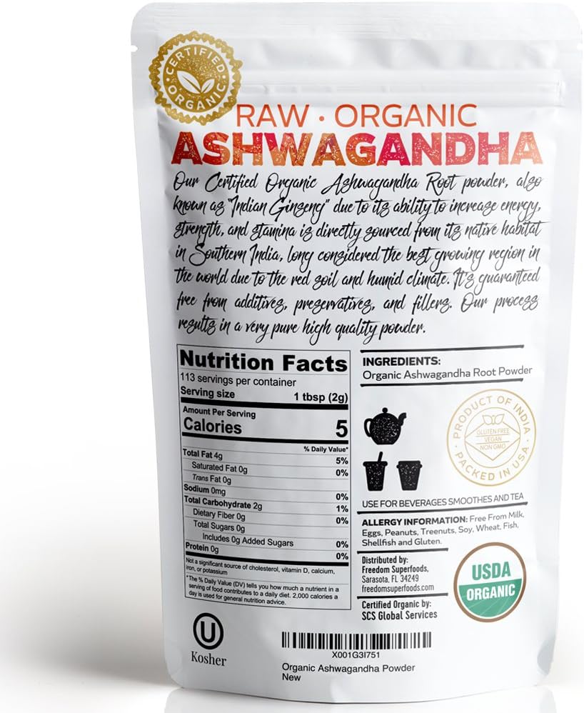 Organic Ashwagandha Root Powder Extract from India - Premium Adaptogen Supplement for Hair Growth & Height - Vegan & Gluten Free - 8oz