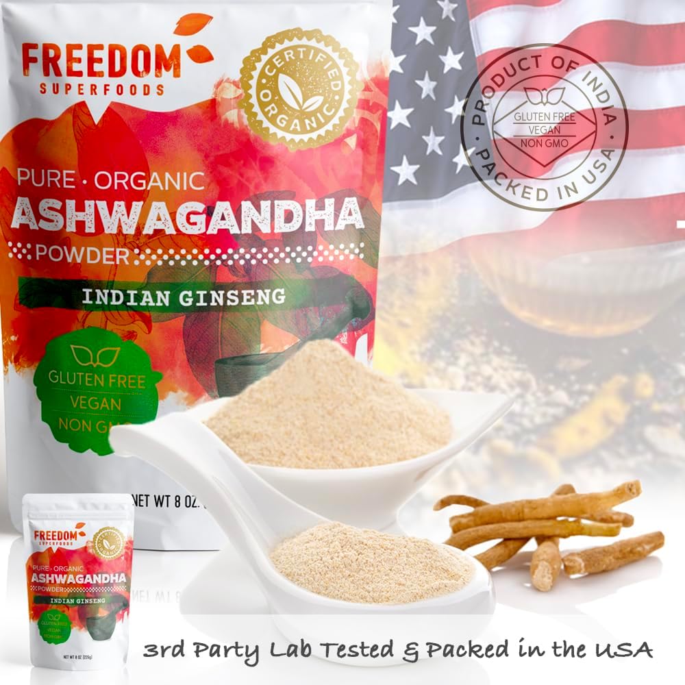 Organic Ashwagandha Root Powder Extract from India - Premium Adaptogen Supplement for Hair Growth & Height - Vegan & Gluten Free - 8oz
