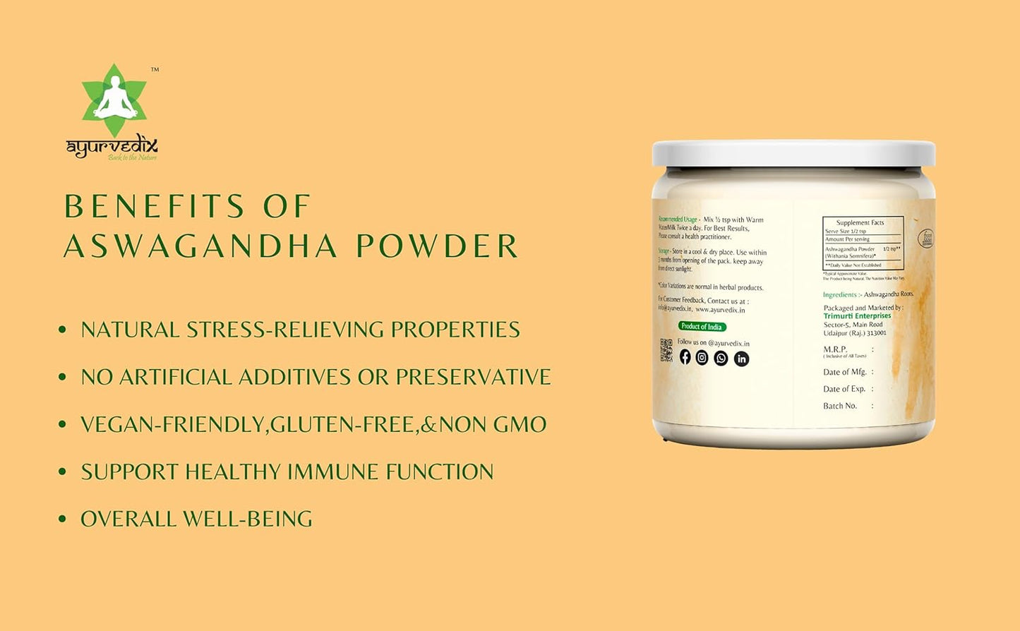 Organic Ashwagandha Root Powder in Reusable Jar - 5.29oz | Raw Indian Withania Somnifera Supplement Powder | Ayurvedic Herbal