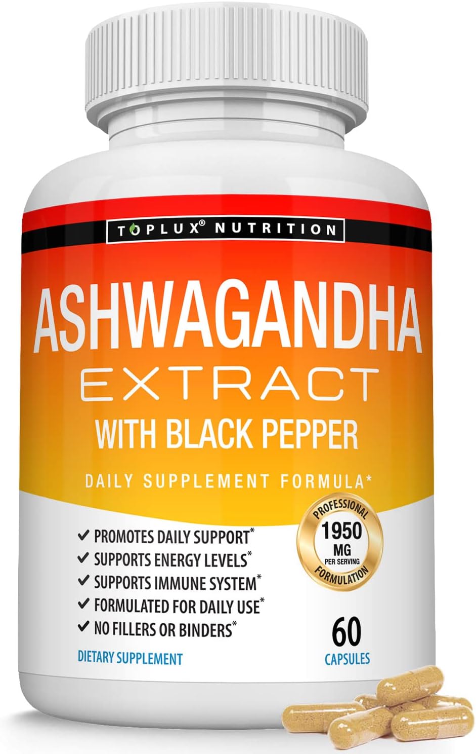 Organic Ashwagandha Root Powder Pills 1950 Mg with Black Pepper Extract - Pure Natural Supplement for Energy Support - 60 Capsules for Men and Women