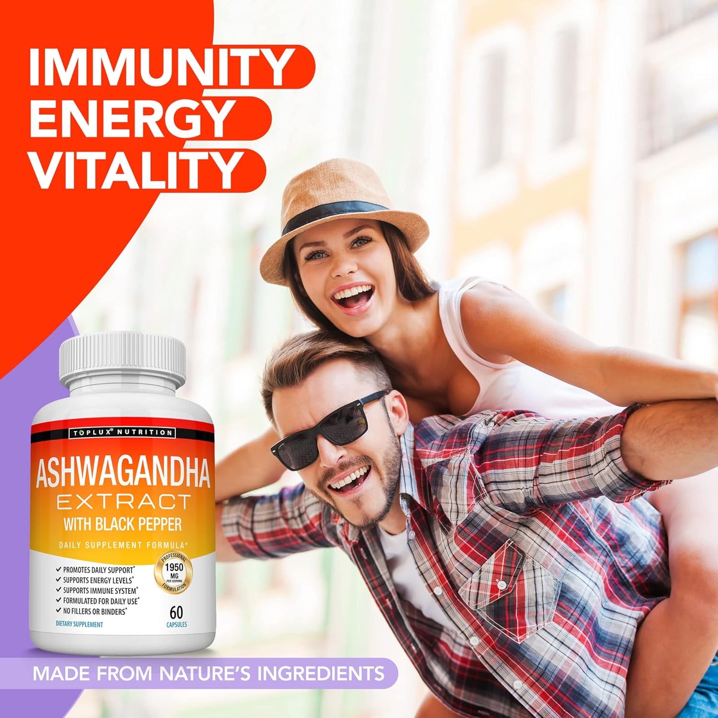 Organic Ashwagandha Root Powder Pills 1950 Mg with Black Pepper Extract - Pure Natural Supplement for Energy Support - 60 Capsules for Men and Women