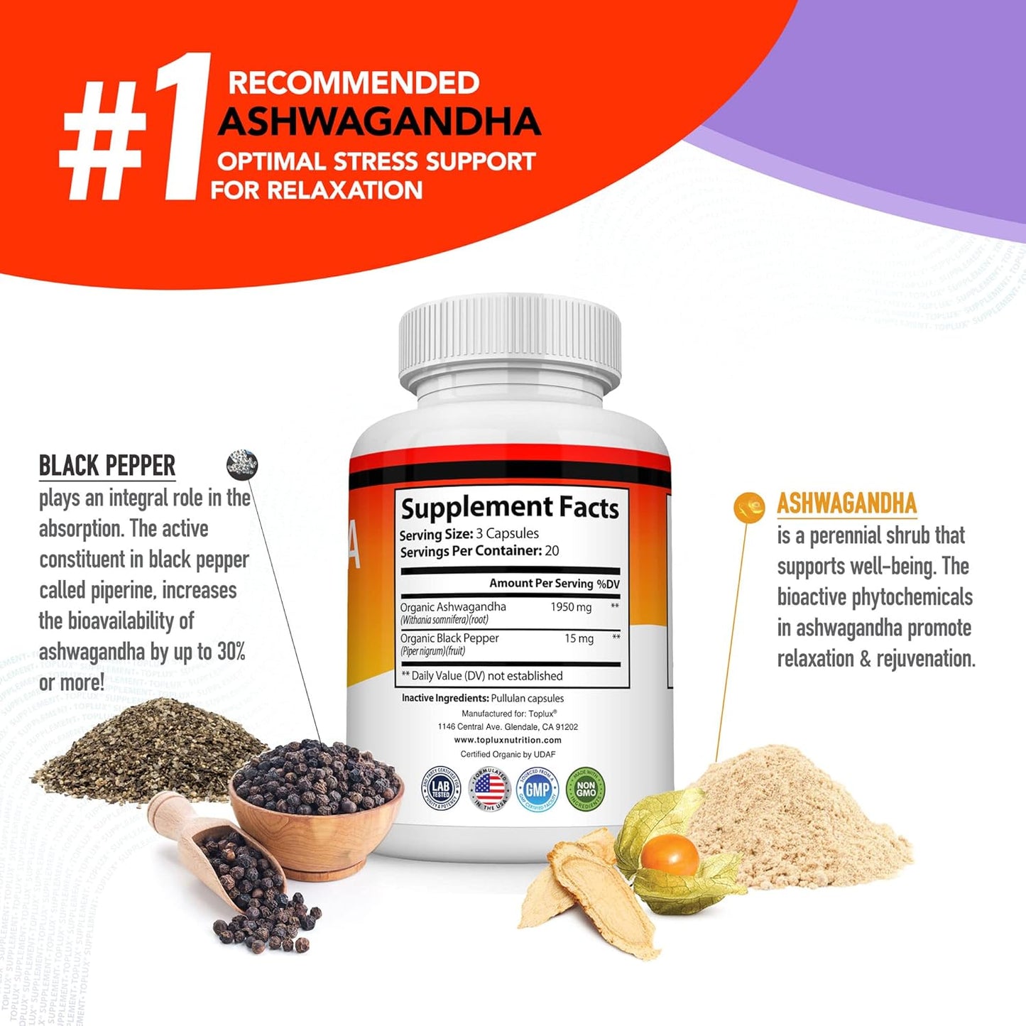 Organic Ashwagandha Root Powder Pills 1950 Mg with Black Pepper Extract - Pure Natural Supplement for Energy Support - 60 Capsules for Men and Women