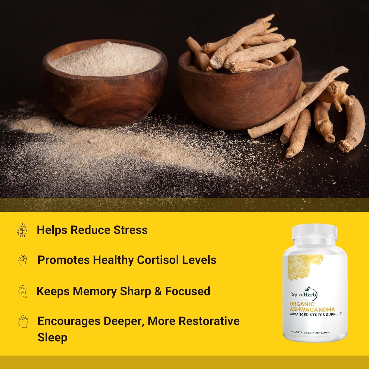 Organic Ashwagandha Root Powder with Black Pepper for Stress Support - 675mg, Vegan, Non-GMO, 60-Day Supply