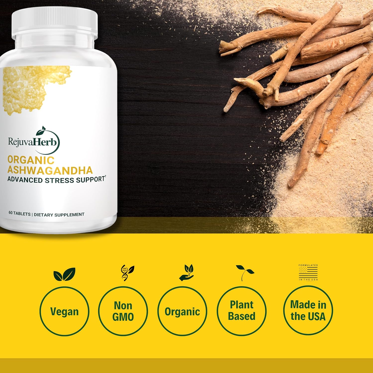 Organic Ashwagandha Root Powder with Black Pepper for Stress Support - 675mg, Vegan, Non-GMO, 60-Day Supply