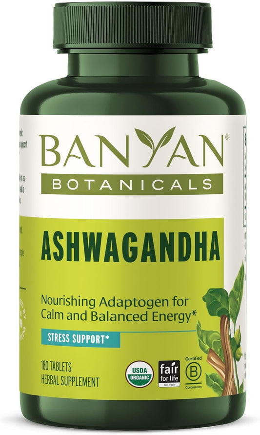 Organic Ashwagandha Root Tablets for Natural Energy and Stress Support - 180 Tablets Vegan Non-GMO Adaptogen - Banyan Botanicals