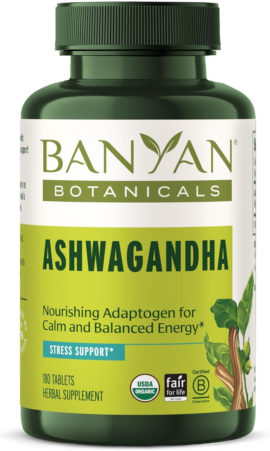 Organic Ashwagandha Root Tablets for Natural Energy and Stress Support - 180 Tablets Vegan Non-GMO Adaptogen - Banyan Botanicals