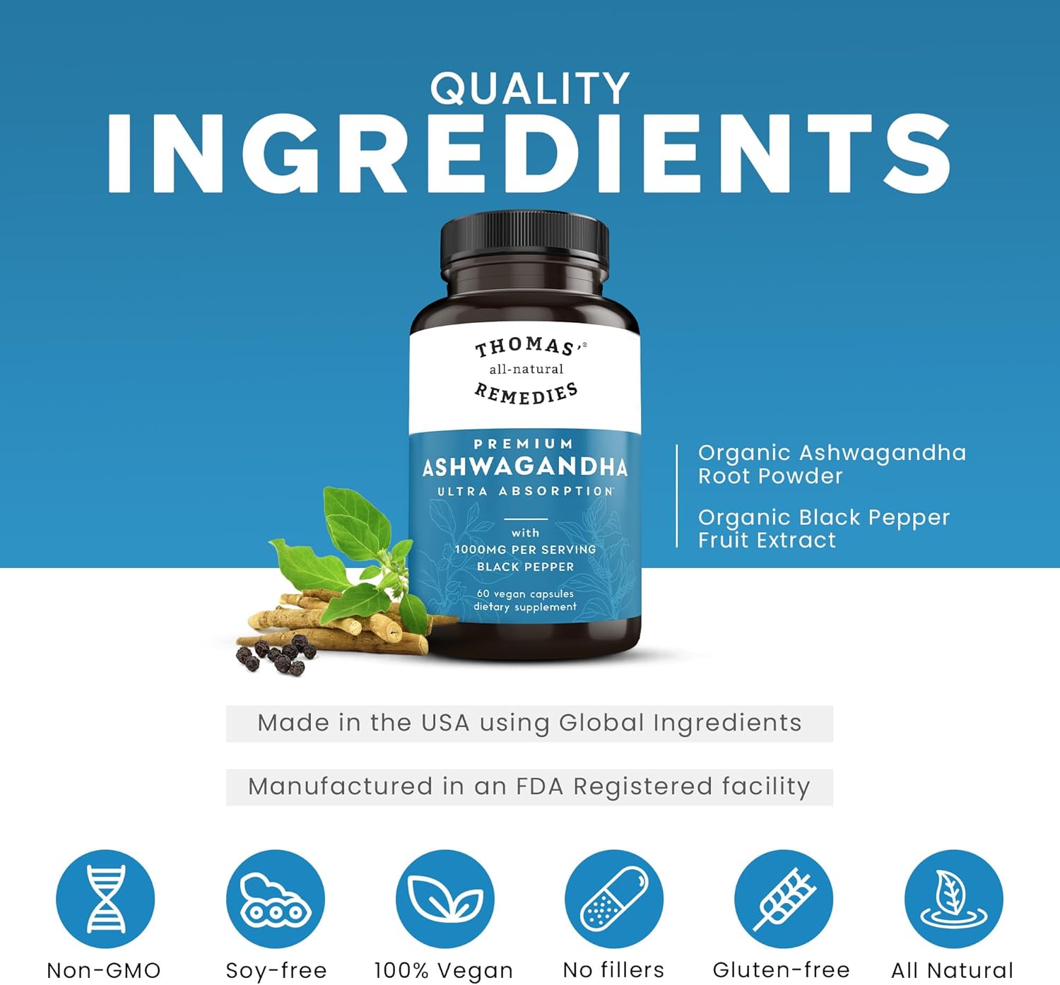 Organic Ashwagandha Stress Support Supplement with Pure 1000mg, Enhanced Absorption, Vegan Formula