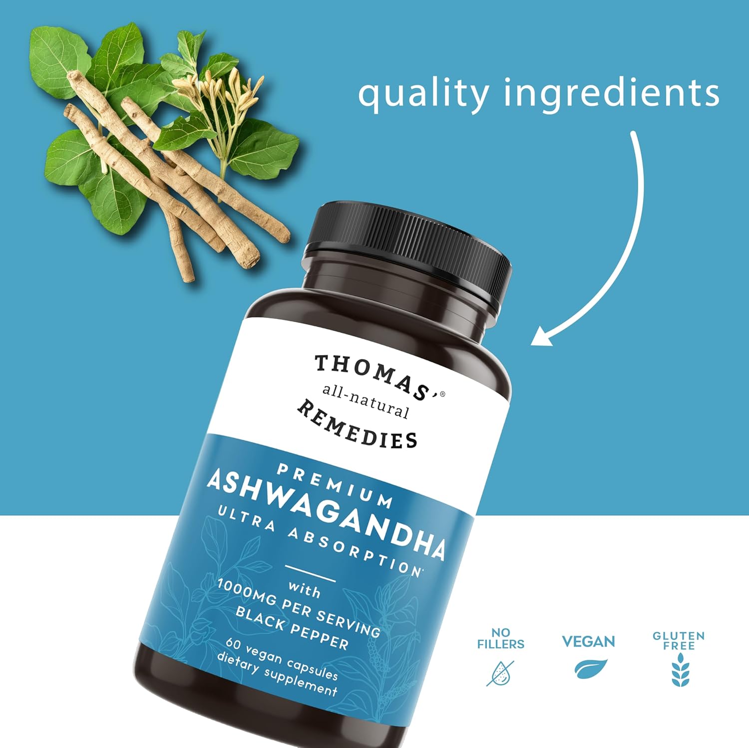 Organic Ashwagandha Stress Support Supplement with Pure 1000mg, Enhanced Absorption, Vegan Formula