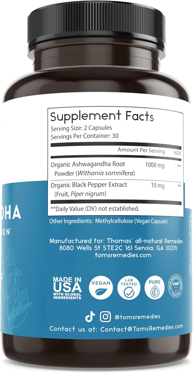 Organic Ashwagandha Stress Support Supplement with Pure 1000mg, Enhanced Absorption, Vegan Formula
