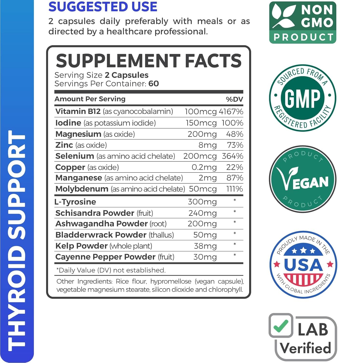 Organic Ashwagandha Supplement for Thyroid Support - Daily Energy Boost for Men & Women - 1-Month Supply