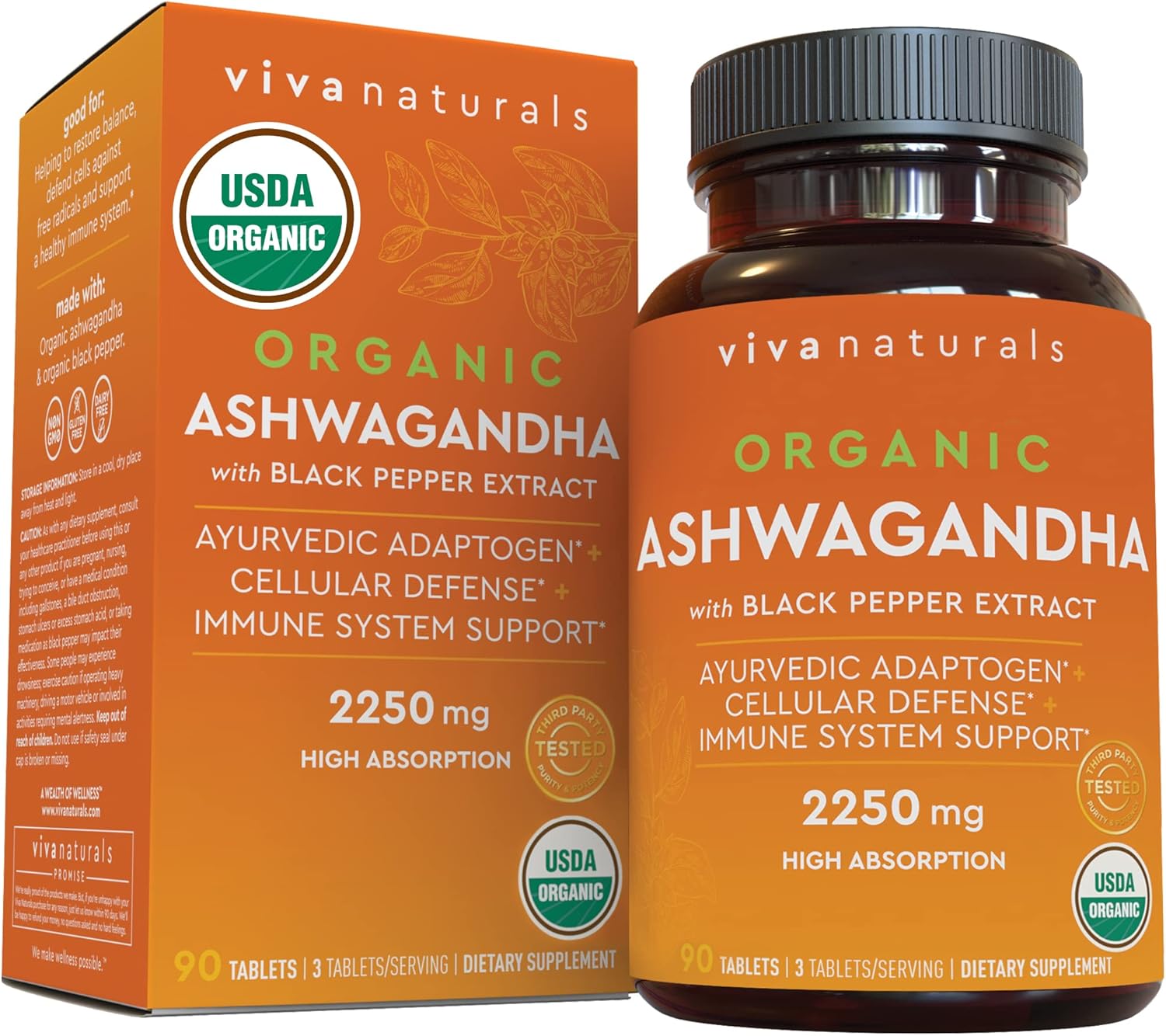 Organic Ashwagandha Supplement with Black Pepper - 2250mg Root Powder & Organic Black Pepper for Superior Absorption - Antioxidant & Immune Support - 90 Tablets